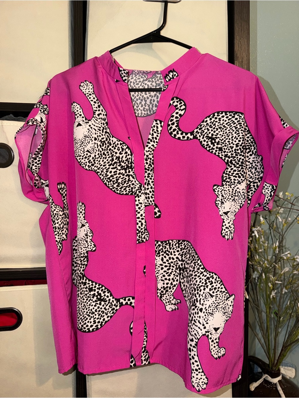 SHEIN Hot Pink Leopard Print Short Sleeve Blouse